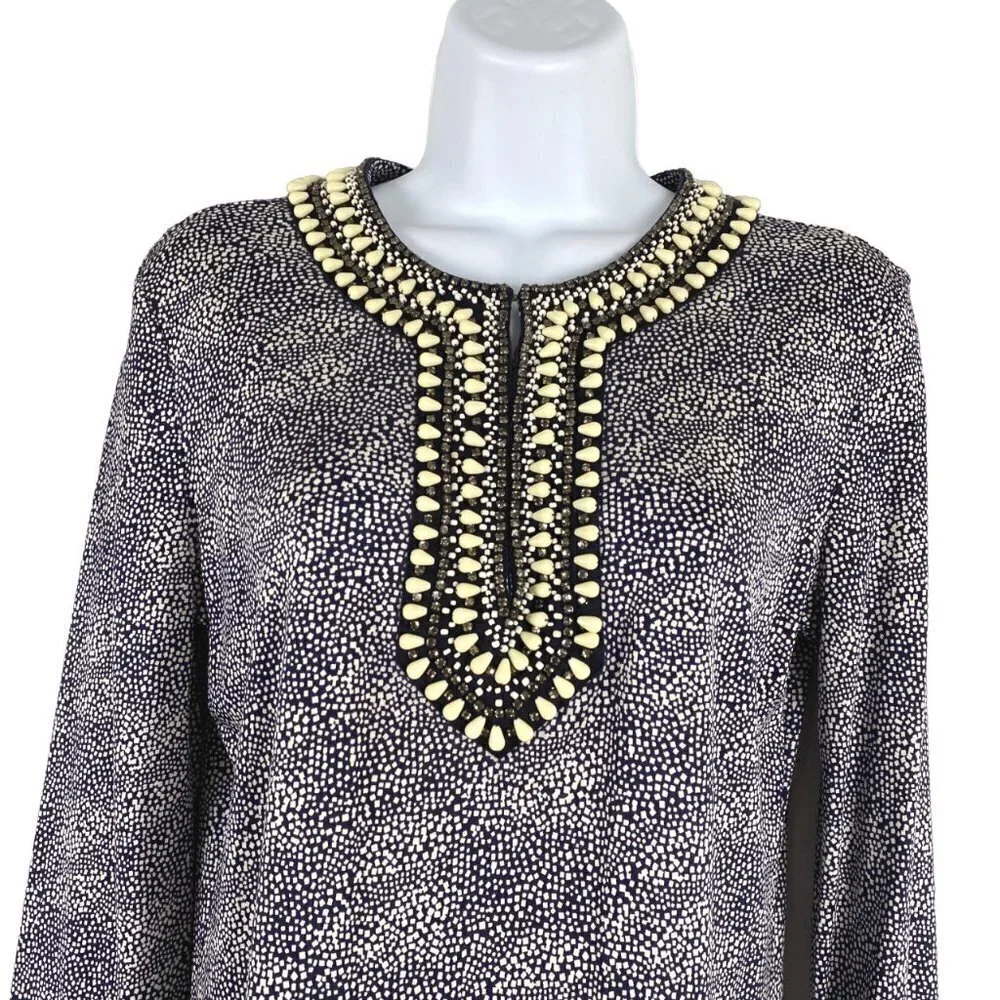 Tory Burch Top Womens Small Silk Beaded Neck Printed‎ 3/4 Sleeve TP-2370